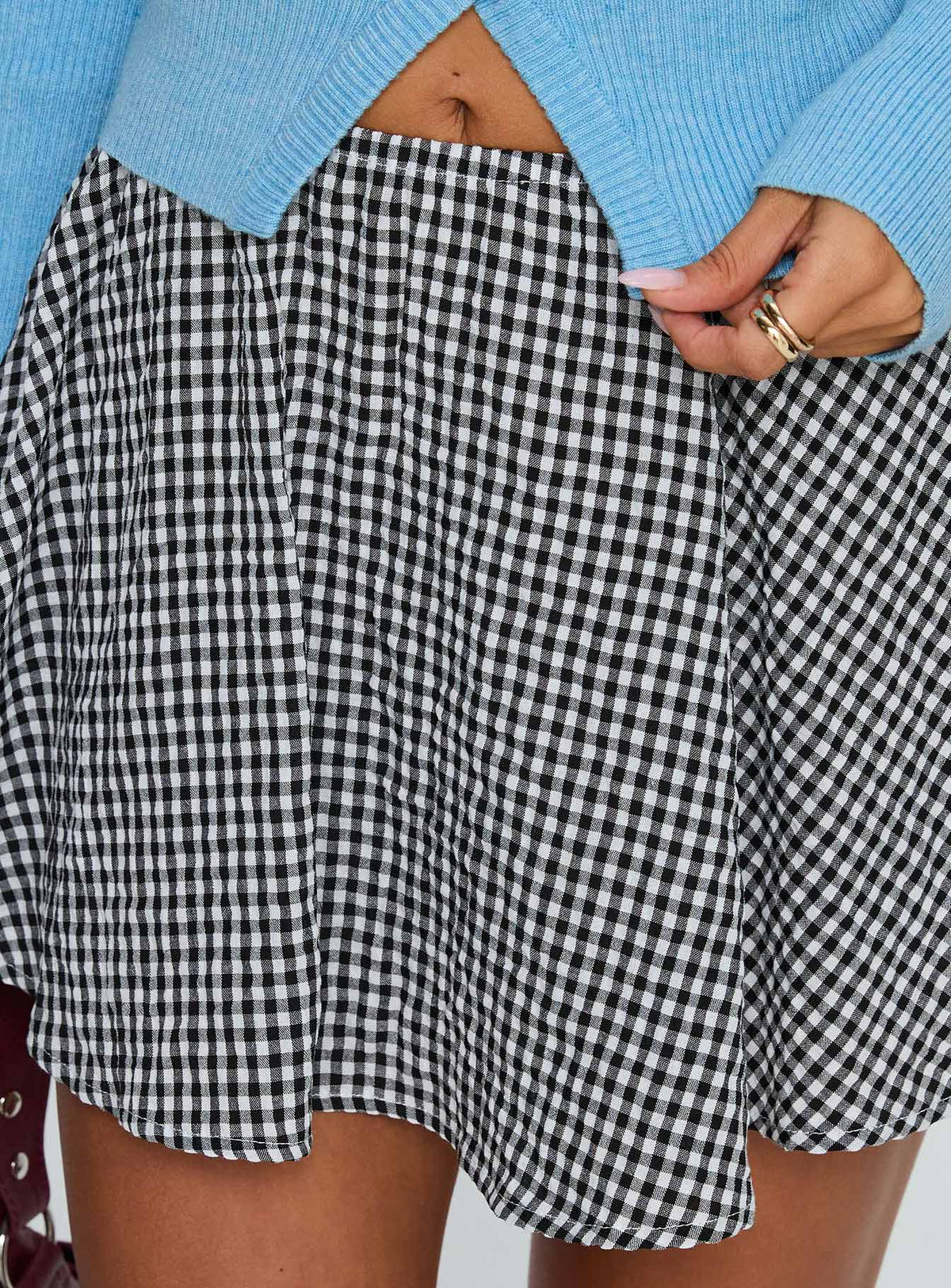 back view of model wearing Princess Polly Sohogirl Flowy Mini Skirt Black / White Gingham Mini Skirts 