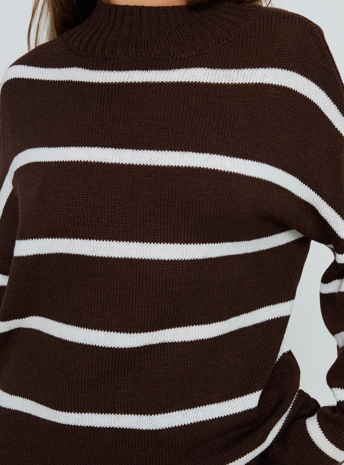 back view of model wearing Princess Polly Alara Mock Neck Knit Sweater Brown Stripe 