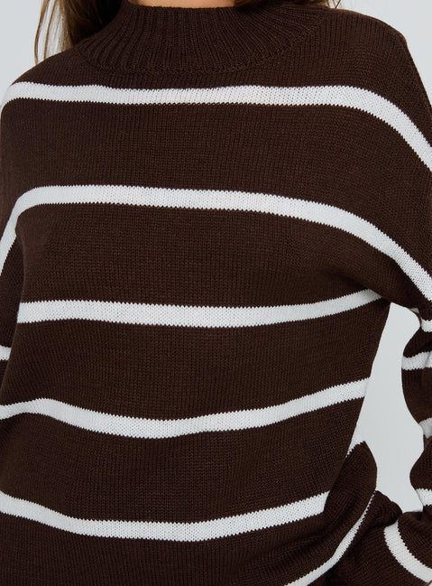 back view of model wearing Princess Polly Alara Mock Neck Knit Sweater Brown Stripe 