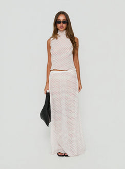 Showcasing the Ford Maxi Skirt White Red Polka Dot in womens-skirts with maxi length front view of model wearing Princess Polly