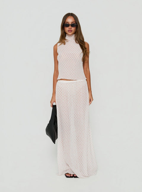 Showcasing the Ford Maxi Skirt White Red Polka Dot in womens-skirts with maxi length front view of model wearing Princess Polly