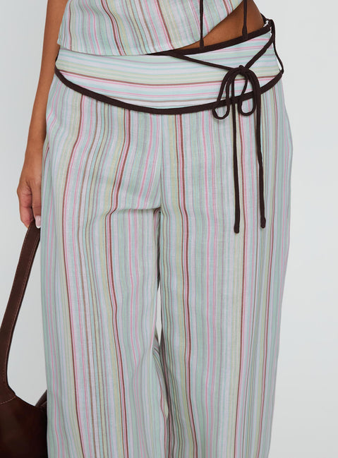 back view of model wearing Princess Polly Taylar Thick Waistband Tie Pants Green Stripe High Waisted Pants 