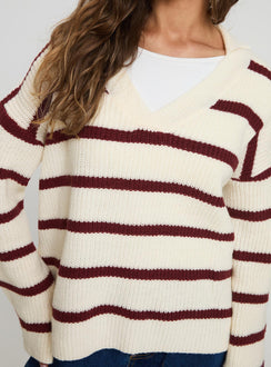 back view of model wearing Princess Polly Forte Knit Sweater Red / Cream Longline Jumpers Jumpers 
