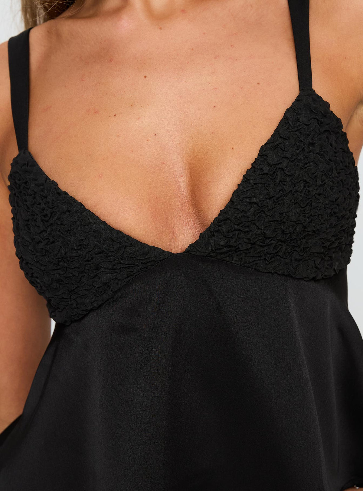 back view of model wearing Princess Polly Long Way Down Cami Top Black Sleeveless Plunger 