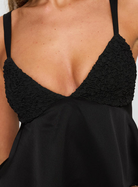 back view of model wearing Princess Polly Long Way Down Cami Top Black Sleeveless Plunger 