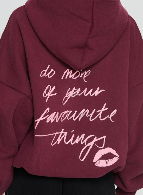 side view of model wearing Princess Polly Kisses Graphic Hoodie Wine Longline Jumpers Jumpers 