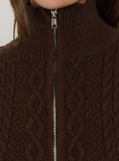 Arletta Cable Knit Zip Through Sweater Brown