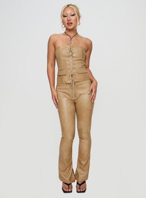 front view of model wearing Princess Polly Roddie Lace Up Pants Brown Low Rise Pants 