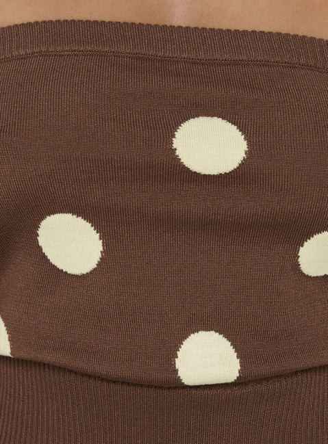 Tahlie Cinched Strapless Knit Top Brown Polka Dot