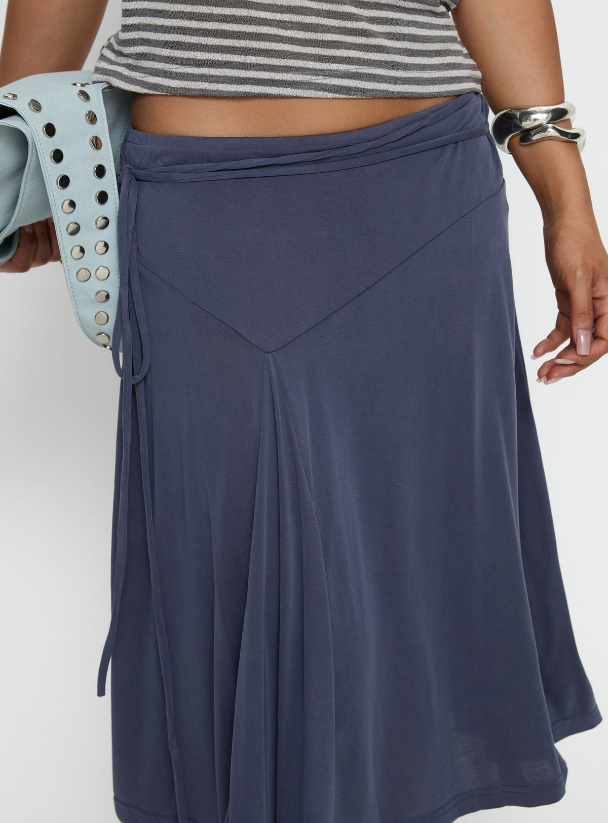 back view of model wearing Princess Polly Joaney Tie Side Jersey Midi Skirt Slate Midi Skirts 