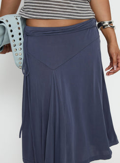 back view of model wearing Princess Polly Joaney Tie Side Jersey Midi Skirt Slate Midi Skirts 