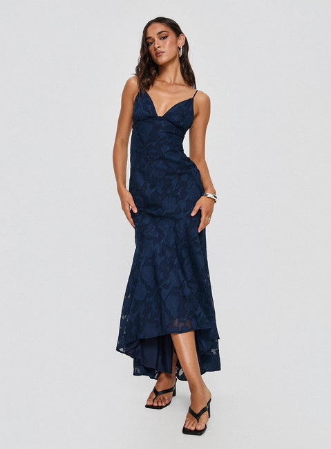 back view of model wearing Princess Polly Cyrene Maxi Dress Navy Plunger 