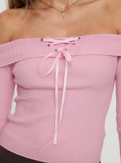 back view of model wearing Princess Polly Nighttime Off Shoulder Knit Top Pink Full Sleeves straight 
