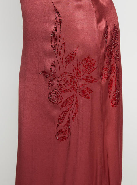 back view of model wearing Princess Polly Catch You Up Beaded Maxi Dress Red Scoop Neck 