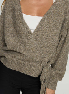 Highlighting the Daelan Wrap Knit Cardigan Brown womens-jumpers in short length detail Princess Polly
