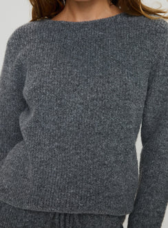 back view of model wearing Princess Polly Abrams Rib Knit Crew Sweater Charcoal Marle regular 