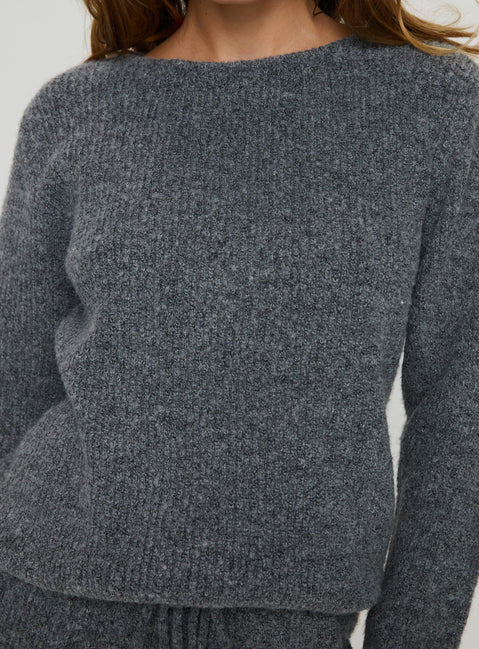 back view of model wearing Princess Polly Abrams Rib Knit Crew Sweater Charcoal Marle regular 