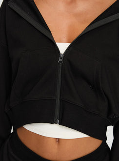 Highlighting the Revive Zip Through Hoodie Black in womens-jumpers with short length detail Princess Polly