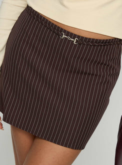 back view of model wearing Princess Polly Yellena Buckle Mini Skirt Brown Pinstripe Mini Skirts Skirts 