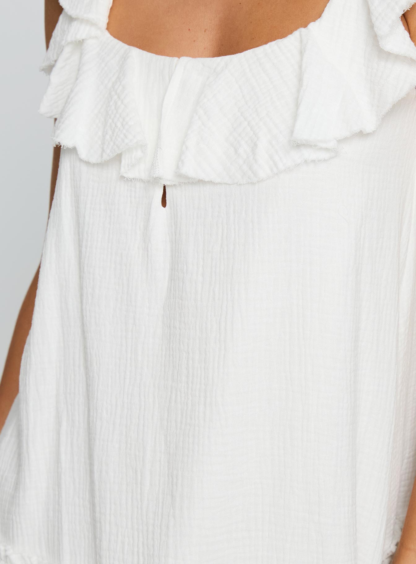 back view of model wearing Princess Polly Alicen Frill Mini Dress White Square Neck 
