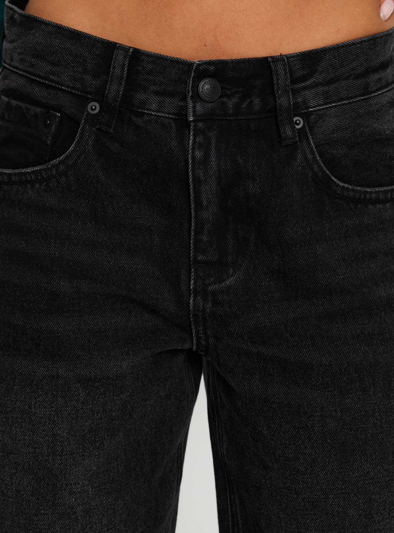back view of model wearing Princess Polly Anelli Low Rise Straight Leg Jeans Washed Black Low Rise Jeans 