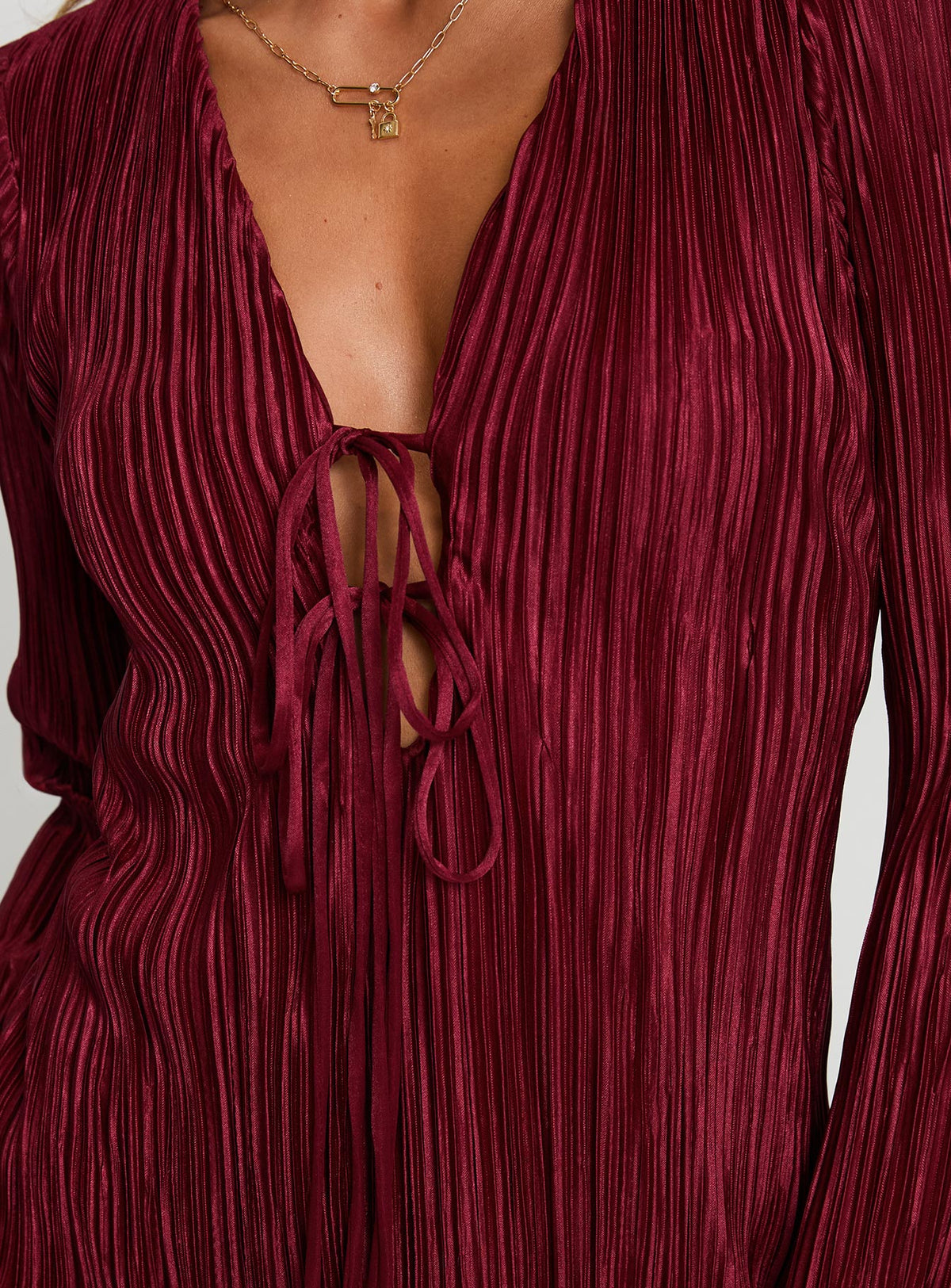 back view of model wearing Princess Polly Malop Long Sleeve Mini Dress Burgundy Plunger 