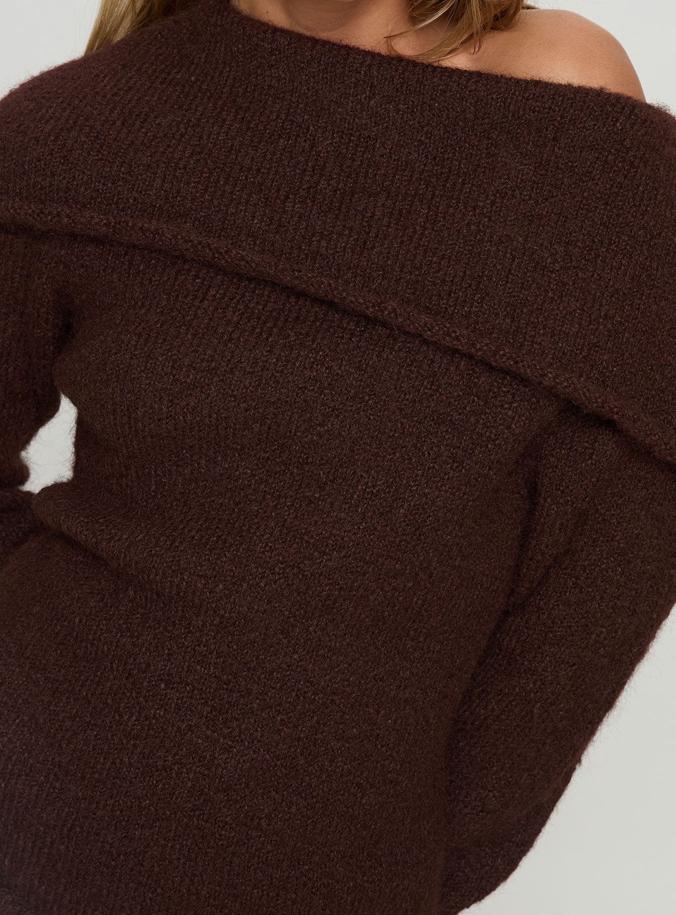 back view of model wearing Princess Polly Kinslea Off Shoulder Knit Sweater Brown regular 