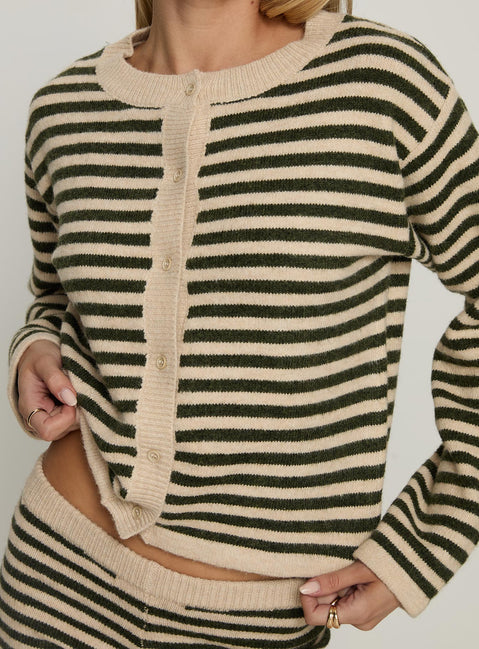 Designed with the Kollens Knit Cardigan Beige Multi womens jumper featuring short length striped pattern and oversized fit detail view of model wearing Princess Polly