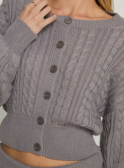 back view of model wearing Princess Polly Baleigh Cable Knit Cardigan Grey Jumpers 