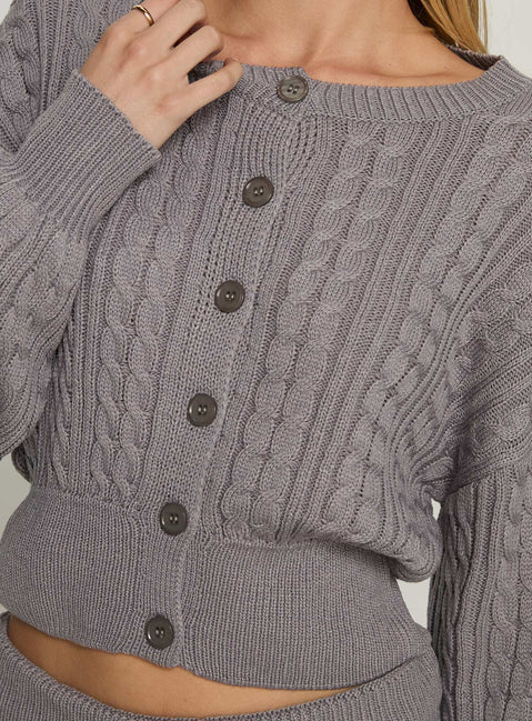 back view of model wearing Princess Polly Baleigh Cable Knit Cardigan Grey Jumpers 