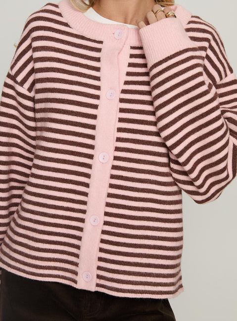 back view of model wearing Princess Polly Darnelle Button Up Knit Cardigan Pink Stripe Longline Jumpers Jumpers 
