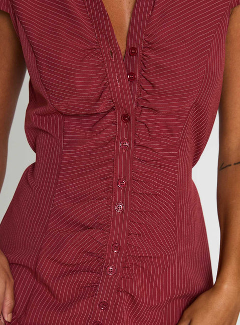 back view of model wearing Princess Polly Arianwyn Mini Dress Burgundy V-Neck 