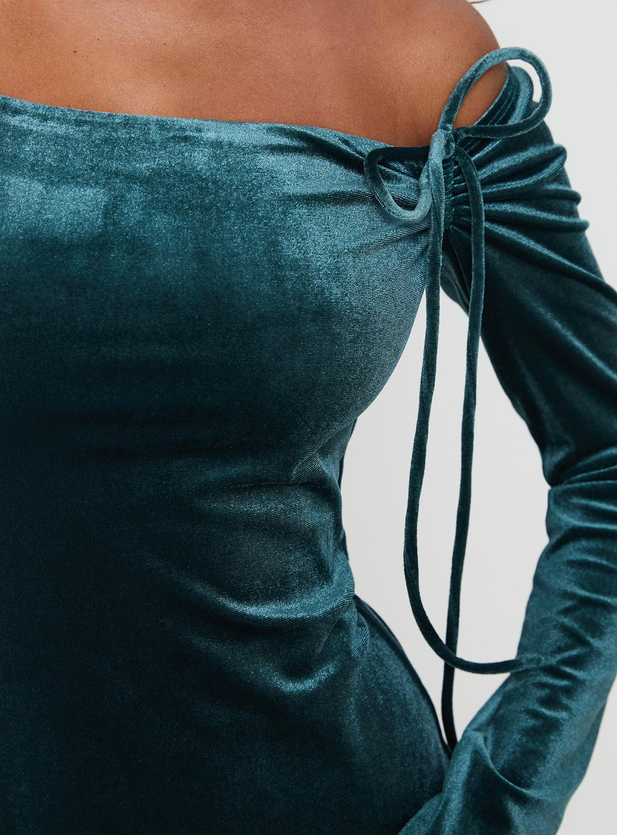 back view of model wearing Princess Polly Intertwine Long Sleeve Mini Dress Forest Green Straight Neck 