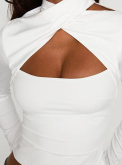 back view of model wearing Princess Polly Ganz Long Sleeve Top White Full Sleeves High Neck 