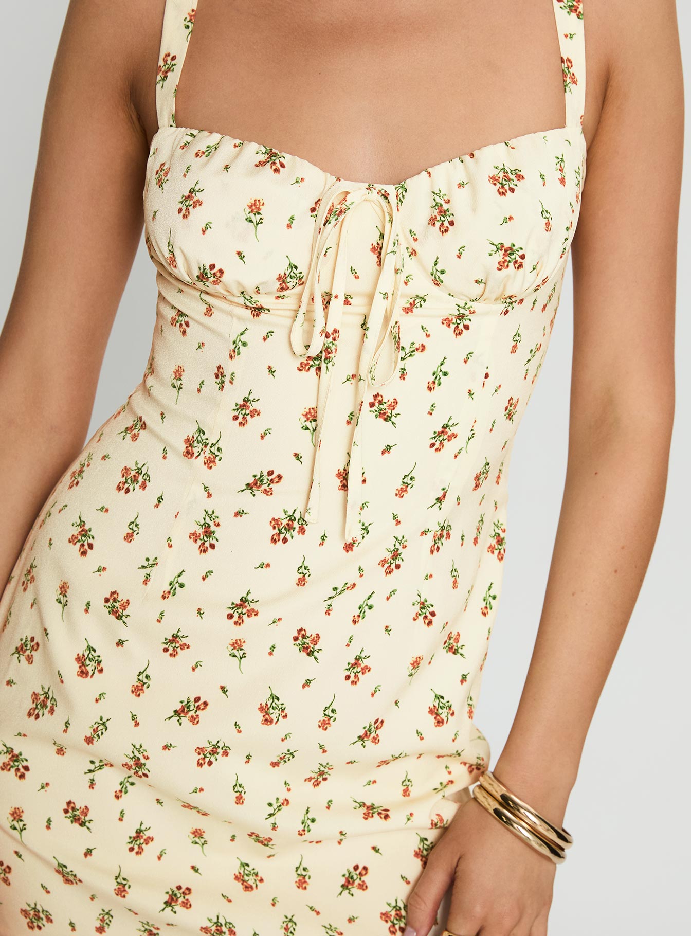 back view of model wearing Princess Polly Rosilea Mini Dress Multi Floral Sweetheart Neckline 