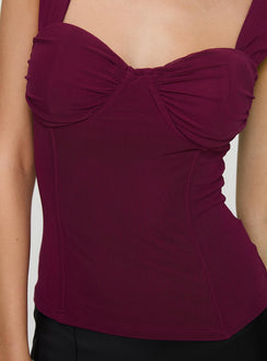 back view of model wearing Princess Polly Kyrie Longline Corset Top Purple Sleeveless Sweetheart 