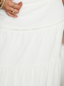 back view of model wearing Princess Polly Snowy River Tiered Maxi Skirt White Maxi Skirts Skirts 