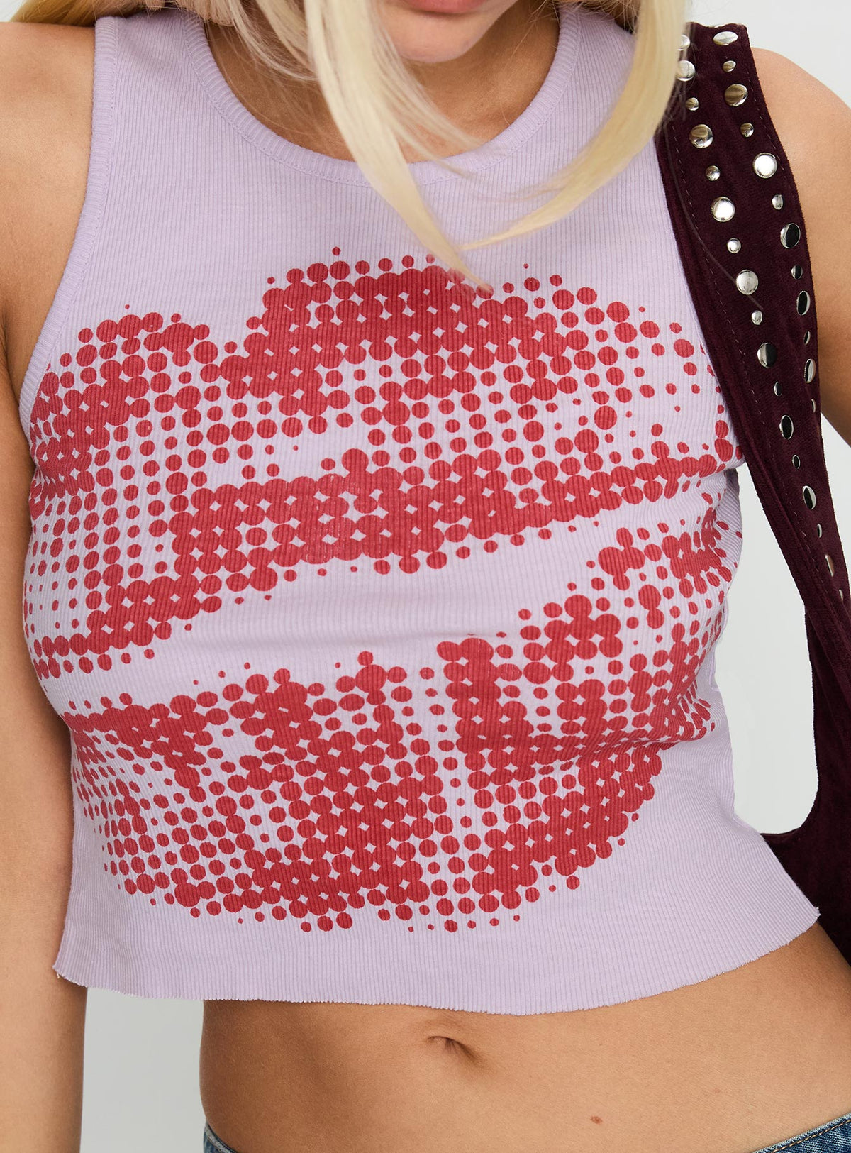 back view of model wearing Princess Polly Kiss Of Love Graphic Top Purple Sleeveless Crew Neck 