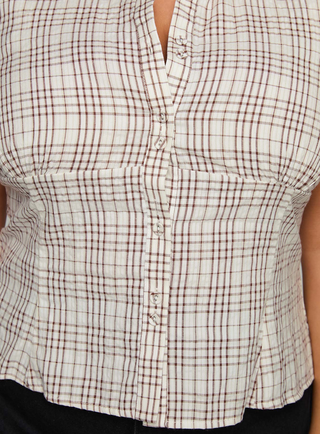 back view of model wearing Princess Polly Cottesloe Blouse Top Brown Check Curve Short Sleeves V-Neck 