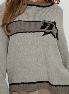 back view of model wearing Princess Polly Star Track Graphic Jumper Grey Longline Jumpers 