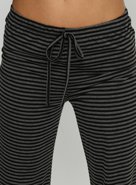 back view of model wearing Princess Polly Alfreda Jersey Pants Grey / Black Stripe Mid Rise Pants 