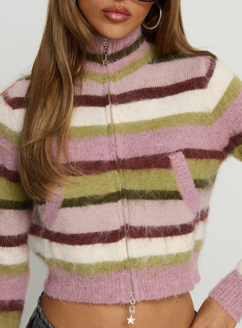 back view of model wearing Princess Polly Keeva Zip Through Knit Jumper Pink / Green Stripe 