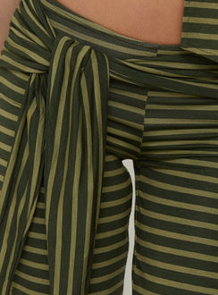 side view of model wearing Princess Polly Esata Tie Detail Pants Green Stripe Mid Rise Pants 