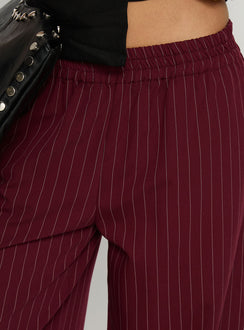 back view of model wearing Princess Polly Jaysa Baggy Wide Leg Pant Burgundy Pinstripe Mid Rise Pants Pants 