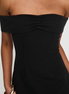 back view of model wearing Princess Polly Lanes Off The Shoulder Mini Dress Black Tall Sweetheart Neckline 