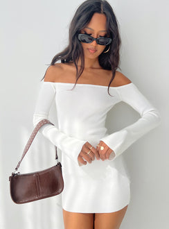 front view of model wearing Princess Polly Parisa Long Sleeve Mini Dress White Straight Neck 