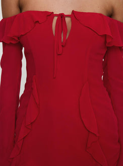 back view of model wearing Princess Polly Mollins Long Sleeve Mini Dress Red Straight Neck 