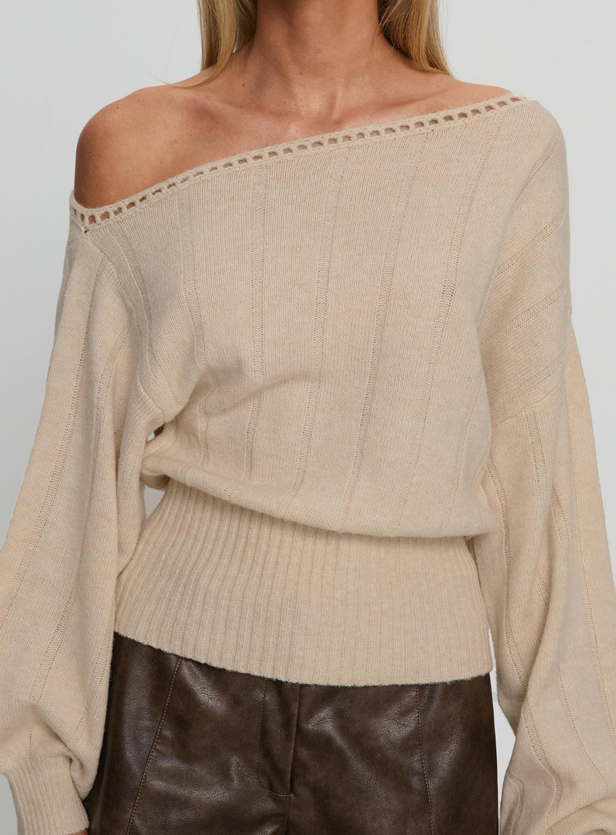 back view of model wearing Princess Polly Jackeline Off Shoulder Rib Jumper Cream 