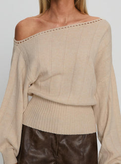 back view of model wearing Princess Polly Jackeline Off Shoulder Rib Jumper Cream 