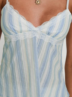 back view of model wearing Princess Polly Lunya Top Blue Stripe Sleeveless Plunger 